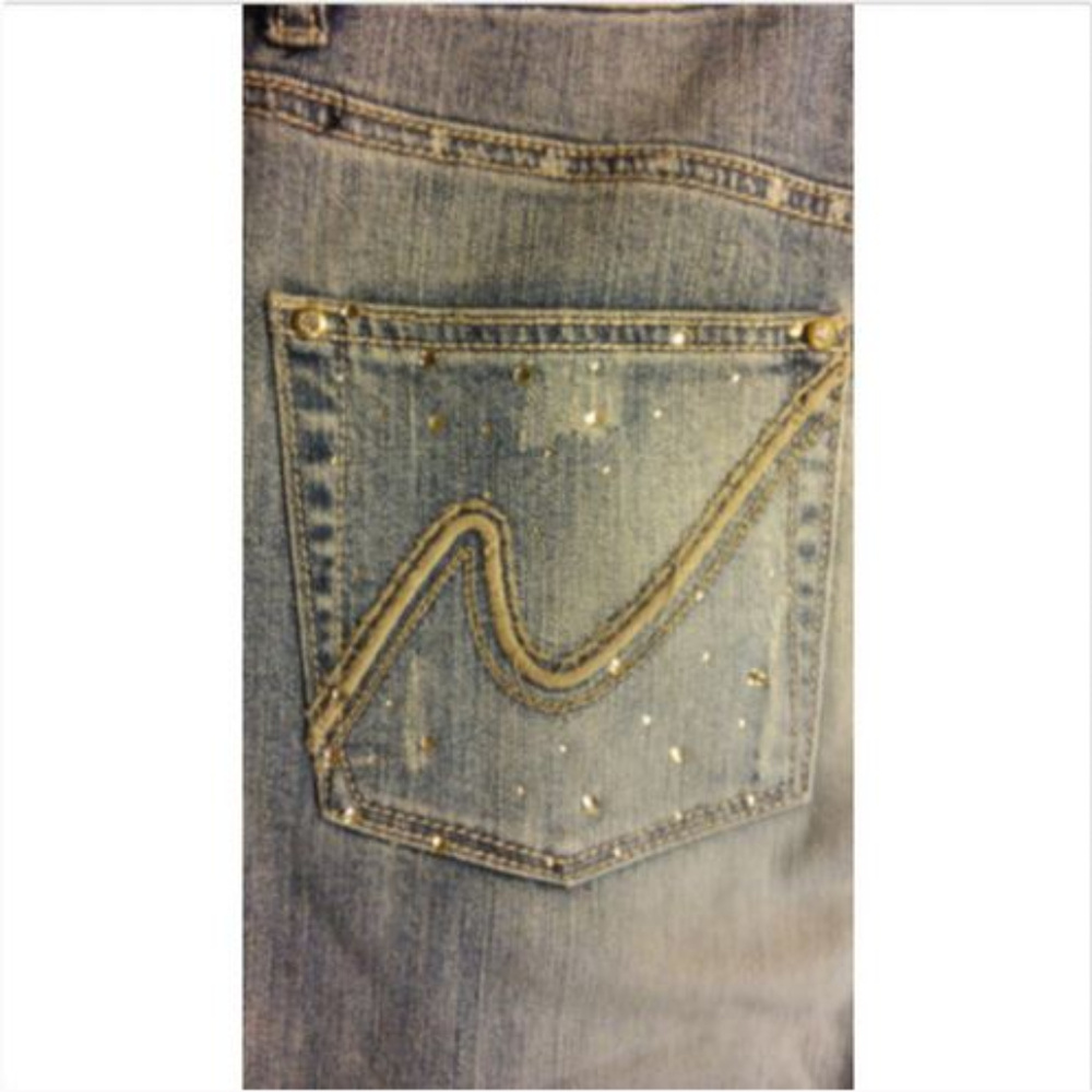 Cache Distressed Rhinestone Patches Bootcut Jeans - image 6
